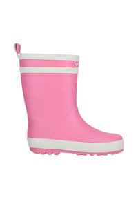 Pink gummistøvle med hvid kant, trækøjle bagpå og tekstureret sål for greb.