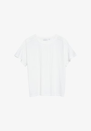 White short-sleeve blouse with round neckline, pleated details on shoulders, and flowy fabric on sleeves, size large.