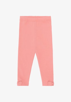 Weiche, rosafarbene Leggings für Kleinkinder mit elastischem Bund und kleinen Stoffschleifen am Beinabschluss.