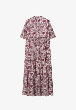 Longue robe blanche à motif floral rose, manches courtes, devant boutonné, taille froncée avec détail de lien.