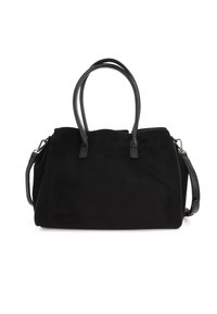 Borsa in suede nera con dettagli in pelle, dotata di due manici superiori, una tracolla rimovibile e una forma strutturata.