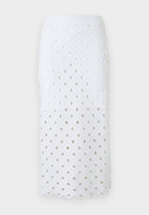 Fehér midi szoknya geometriai kivágott hímzéssel és hullámos szegéllyel, magas derékkal és egyenes sziluettel.