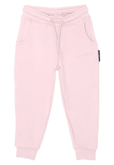 Pantaloni della tuta rosa chiaro in un tessuto morbido, con vita elasticizzata, laccetto, tasche laterali e polsini a costine. Dettaglio logo discreto.