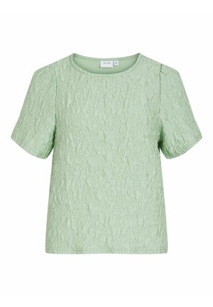 Světle zelená krátká texturovaná halenka s kulatým výstřihem a jemnými záhyby na ramenou, značky VILA.