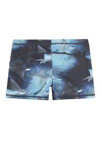 Pantaloni da bagno con un design acquatico blu e nero caratterizzato da razze, realizzati in materiale elastico e liscio. Vita elastica con cuciture piatte.