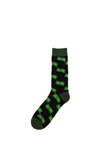 Chaussette noire avec bord, talon et bout verts, ornée d'un motif de billets de dollar verts éparpillés.