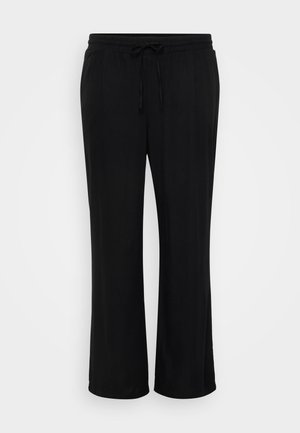 Pantalons noirs à coupe décontractée en tissu doux, dotés d'une taille élastique avec cordon de serrage et de jambes larges. Pas de motifs visibles.