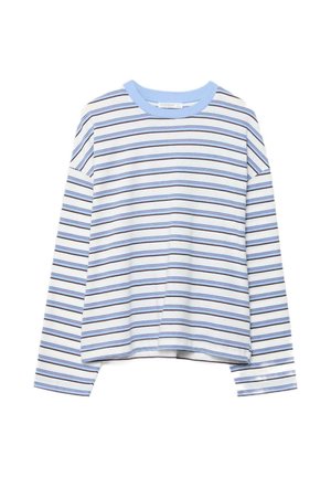 Majica z dolgimi rokavi z svetlo modrimi, belimi in črnimi horizontalnimi črtami ter enobarvnim svetlo modrim okroglim izrezom.