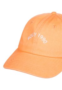 Orange baseball cap made of fabric, featuring an embroidered "ROXY 1990" text in white on the front, with a curved brim and stitching details.