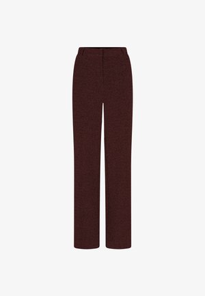 Bordeaux wijde broek met een gestructureerde afwerking, voorzien van een ritssluiting aan de voorkant en strakke lijnen, gemaakt van zachte stof.