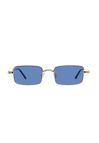 Occhiali da sole in metallo dorato con lenti rettangolari blu. La montatura presenta un design sottile con dettagli discreti sulle astine.