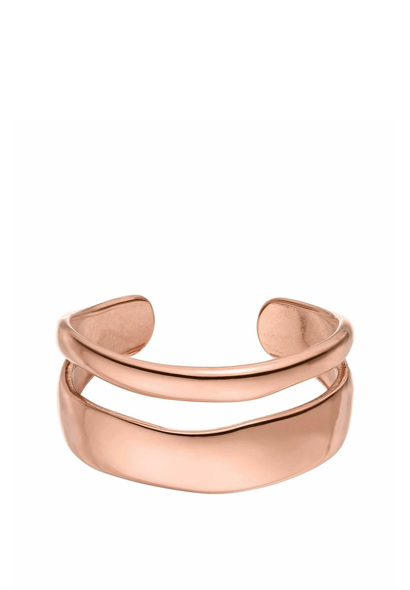 Armbanduhr aus roségold, die aus zwei glatten, geschwungenen Bändern besteht, wobei eines über einer breiteren Basis schichtet. Die Oberfläche ist poliert und hat ein glänzendes Finish.