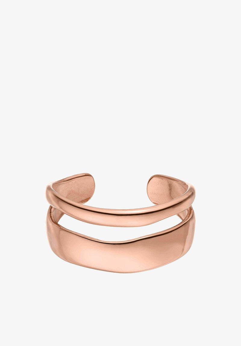 Armbanduhr aus roségold, die aus zwei glatten, geschwungenen Bändern besteht, wobei eines über einer breiteren Basis schichtet. Die Oberfläche ist poliert und hat ein glänzendes Finish.