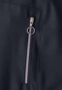 Navy fabric with a silky texture featuring a silver zipper pocket. The zipper has a circular pull tab for easy access.