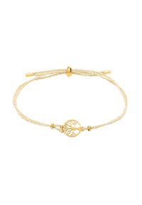 Bransoletka w złotym odcieniu z plecionym żółtym sznurkiem. Posiada okrągły medalion z motywem drzewa na środku oraz zapięcie na suwak.
