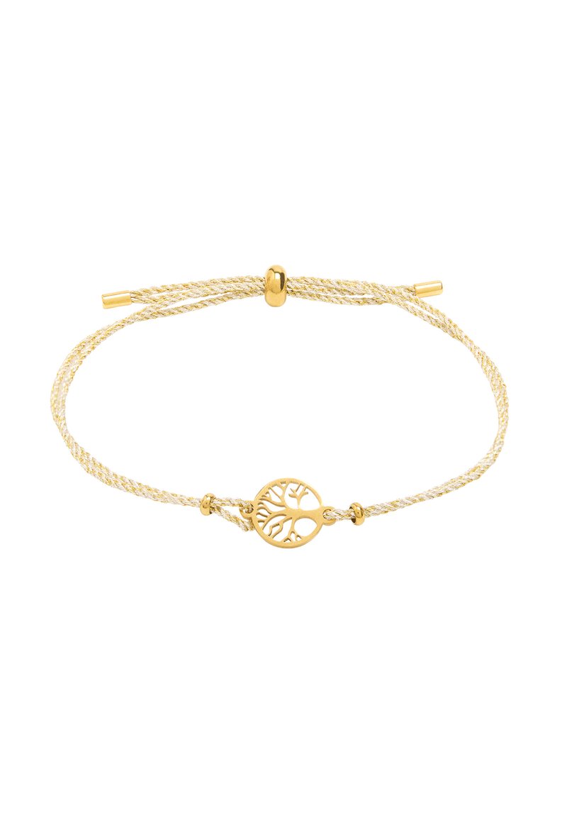 Bransoletka w złotym odcieniu z plecionym żółtym sznurkiem. Posiada okrągły medalion z motywem drzewa na środku oraz zapięcie na suwak.
