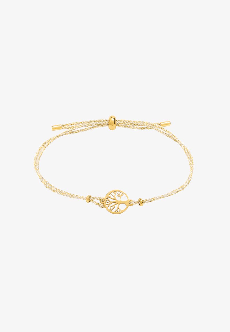 Bransoletka w złotym odcieniu z plecionym żółtym sznurkiem. Posiada okrągły medalion z motywem drzewa na środku oraz zapięcie na suwak.