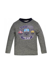 Grau langärmliges Shirt mit einem marineblauen Kragen, das drei Cartoon-Hundegesichter in Hüten zeigt, mit dem Text "Ein PAWfect TEAM" und dekorativen Sternen und Knochen.