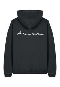 Felpa nera con cappuccio, dotata di tasca a marsupio frontale, cappuccio con cordini e scritta bianca in corsivo "Amour" sul retro. Materiale in misto cotone.