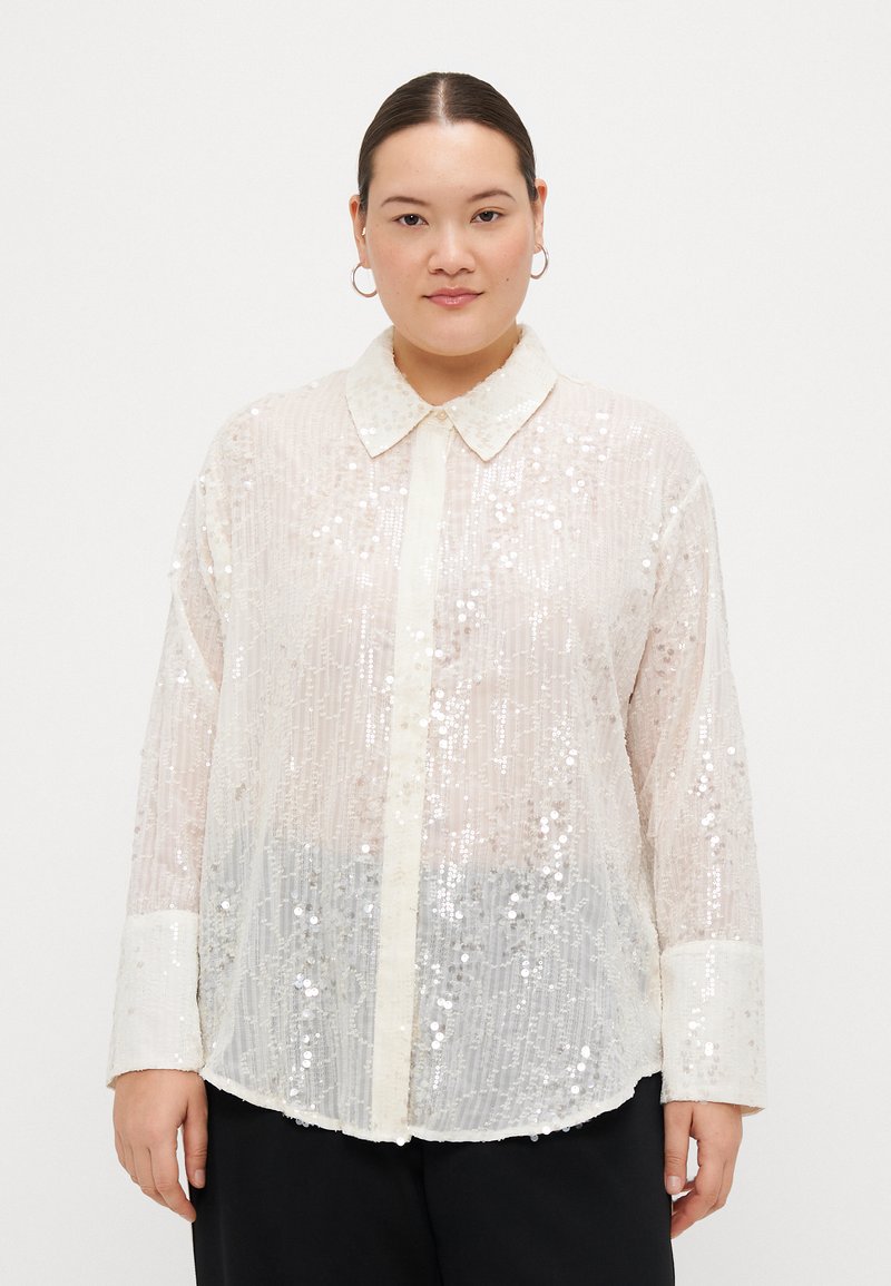 Sheer white shirt embellished with sequins, featuring a classic collar, button-down front, and long sleeves with contrasting cuffs.