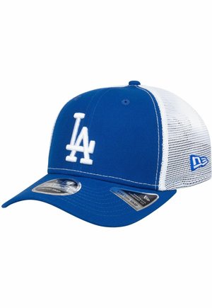 Blau-weiße Mesh-Baseballkappe mit weißem „LA“-Logo vorne und verstellbarem Snapback-Verschluss, mit Markenstickern am Schirm.