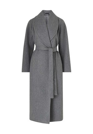 Grå uldwrap frakke med bred krave, lange ærmer og bælte. Har en glat tekstur og et knælangt design.