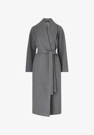 Gray wool wrap coat with a wide collar, long sleeves, and a sash belt. Features a smooth texture and a knee-length design.
