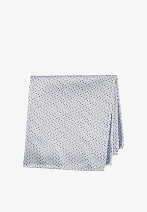 Serviette en tissu gris clair pliée, présentant un motif subtil de petits points bleus uniformément espacés.