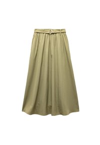 Khaki midi-hame, jossa on istuva vyötärö ja vyö, pleated-malli ja pehmeä, kevyt kangas, joka luo virtaavan siluetin.