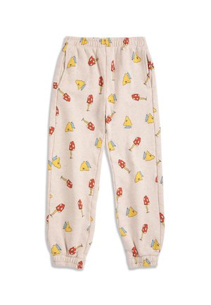 Pantalon beige avec taille et poignets élastiques, imprimé de champignons rouges et jaunes, poches latérales.