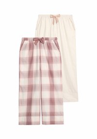 Dos pares de pantalones ligeros: uno con un patrón de cuadros en rosa, el otro en color crema con sutiles rayas verticales y un lazo a juego en la cintura.