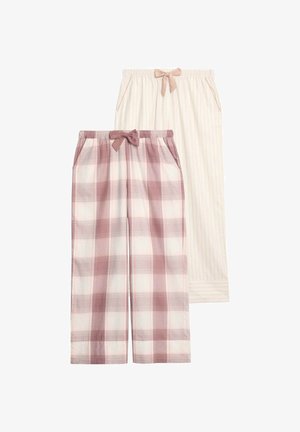 Due paia di pantaloni leggeri: uno con un motivo a quadri rosa, l'altro in crema con sottili righe verticali e un fiocco coordinato in vita.
