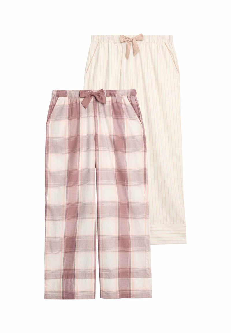 Dos pares de pantalones ligeros: uno con un patrón de cuadros en rosa, el otro en color crema con sutiles rayas verticales y un lazo a juego en la cintura.