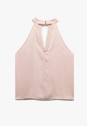 Top senza maniche, rosa chiaro con collo alto, un profondo taglio sulla schiena e chiusura con bottoni sul retro. Tessuto morbido e liscio.