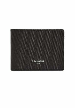 Schwarze, strukturierte Leder-Geldbörse mit weiß eingeprägtem "LE TANNEUR 1898" Logo mittig auf der Vorderseite.