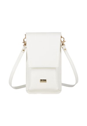 Petit sac bandoulière blanc avec fermeture à rabat, sangle réglable, ferrures dorées et surface texturée.