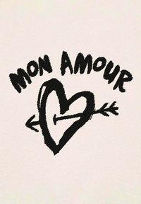 Testo grafico nero "MON AMOUR" e un cuore con una freccia, su uno sfondo beige chiaro, con linee spesse disegnate a mano.