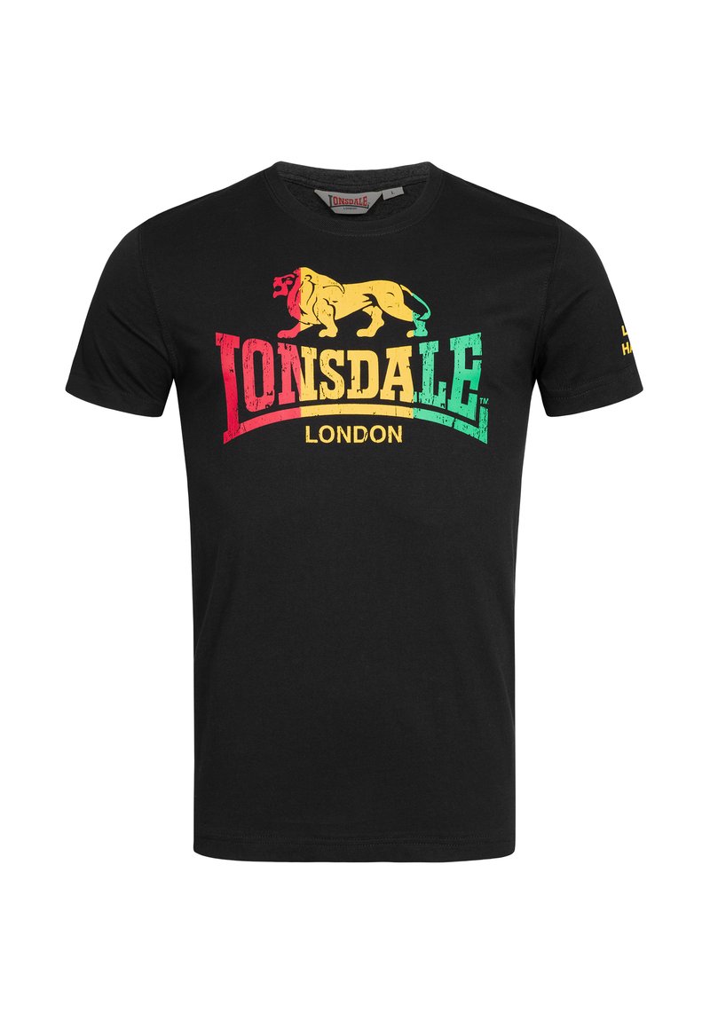 Melns kokvilnas T-krekls ar krāsainu lauvu grafiku un tekstu "LONSDALE LONDON" sarkanā, dzeltenā un zaļā krāsā. Īsas piedurknes, apaļa kakla dizains.