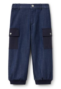 Pantalones de mezclilla azul marino con puños elásticos, que cuentan con dos bolsillos de carga laterales con botones a presión y una textura suave.