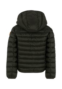 Giubbotto piumino trapuntato nero con cappuccio, polsini elasticizzati e cuciture orizzontali sulla schiena e sulle maniche.
