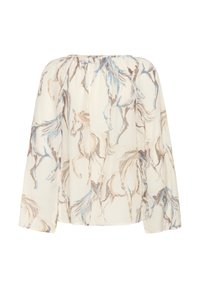 Blusa leggera color crema con maniche lunghe, caratterizzata da una stampa di cavalli in tonalità marroni e blu, tessuto testurizzato e scollatura elastica.