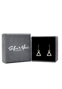 Orecchini triangolari in tono oro racchiusi in una scatola grigia foderata in velluto nero, caratterizzati da una finitura liscia e un semplice design a gancio. Scatola etichettata "Sofia Milani Jewels."