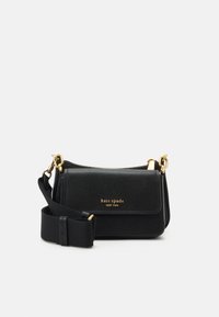 Black crossbody bag made of textured material, featuring a flap closure, gold hardware accents, and a detachable strap.