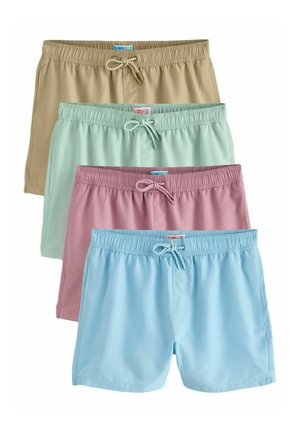 Vier Paare Schwimmshorts in Beige, Mintgrün, Staubrosa und Hellblau. Jedes Paar hat einen elastischen Bund mit einem Kordelzug.