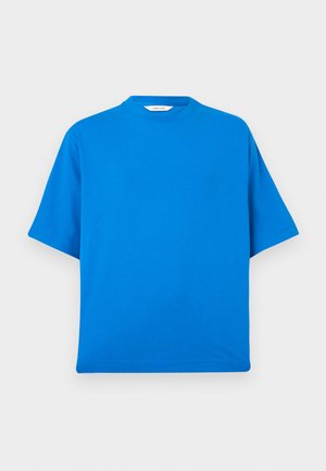 Blaues Baumwoll-T-Shirt mit kurzen Ärmeln, rundem Ausschnitt und lockerer Passform. Glatte Textur ohne sichtbare Muster oder Akzente.