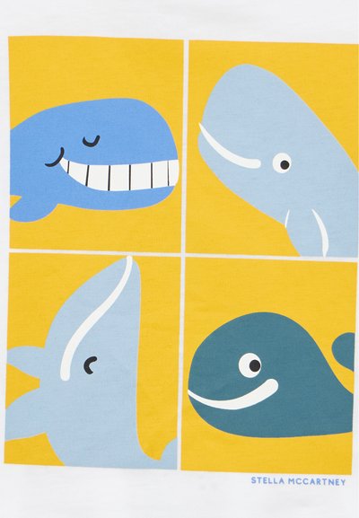 Γραφιστικός σχεδιασμός με τέσσερις κινούμενες φάλαινες σε διάφορα χρώματα (μπλε, γαλάζιο, τιρκουάζ) σε κίτρινο φόντο. Απλοποιημένα σχήματα και εκφράσεις.