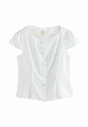 Bílá lněná halenka s krátkými rukávy, kulatým výstřihem a pěti knoflíky vpředu, střihaná ve fit střihu a s mírně nafouknutými rukávy.
