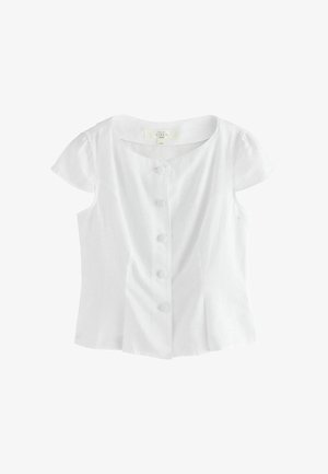 White short-sleeve linen blouse with round neckline and five front buttons, tailored fit, and slight puff sleeves.