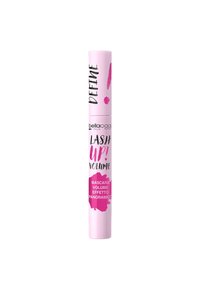 Tubo di mascara cilindrico rosa con testo nero e rosa, che presenta "DEFINE" e "LASH UP! VOLUME." Finitura liscia e accenti grafici audaci.