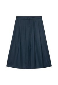 Gonna plissettata blu navy con una trama liscia e sottili righe verticali, dotata di chiusura con bottone e vita.